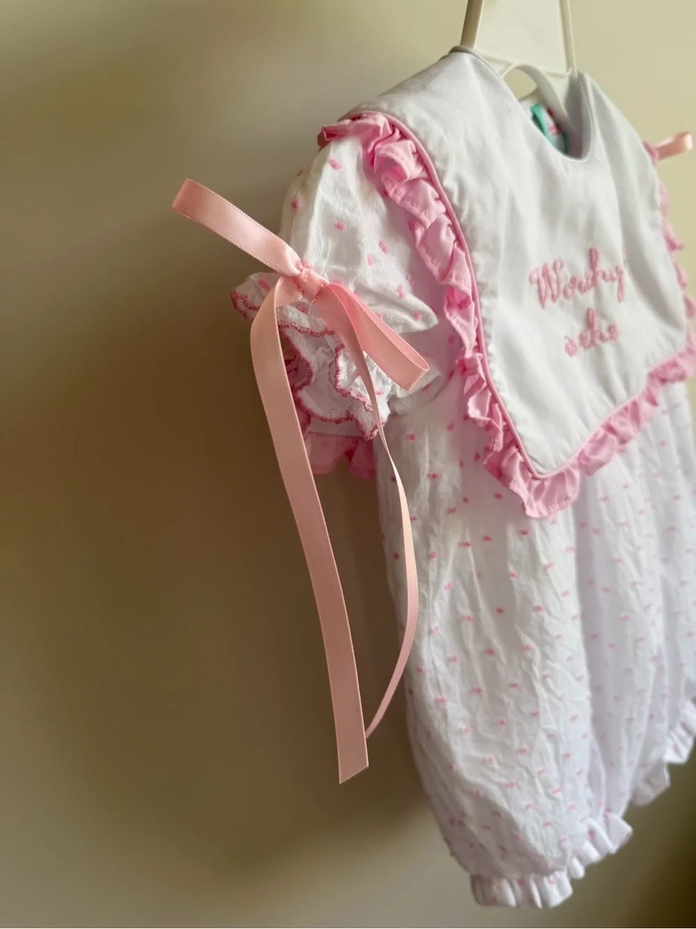 Baby Girls White and Pink Lamb Ruffle Romper